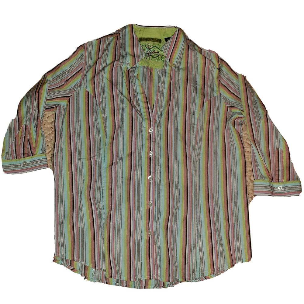 Robert Graham Shirt Women Size‎ XL Striped Button-Up Multicolor 3/4 Sleeve Y2K